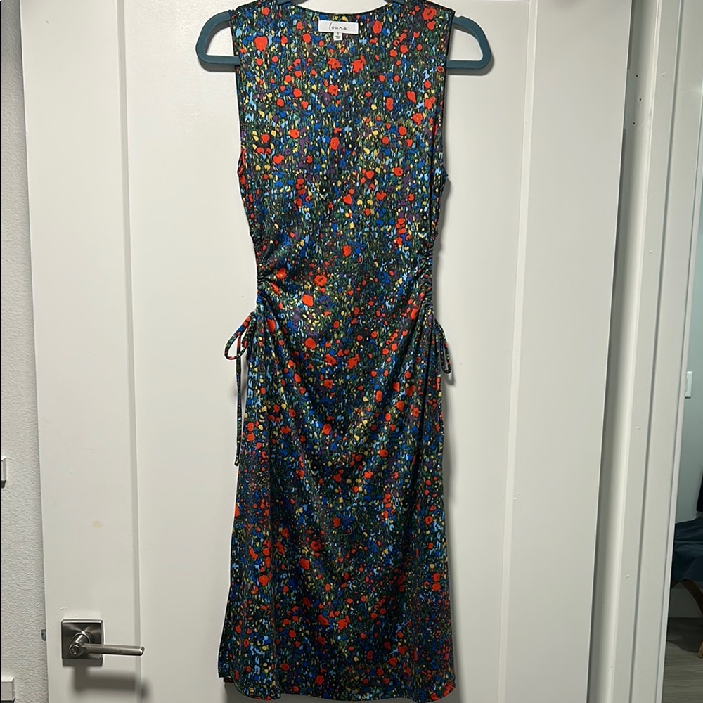 Green and Blue Ruched Tie Front Sheath Midi Dress